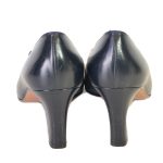 Back view of on sale pre-owned Salvatore Ferragamo Vintage Squared Toe Block Heels in navy.