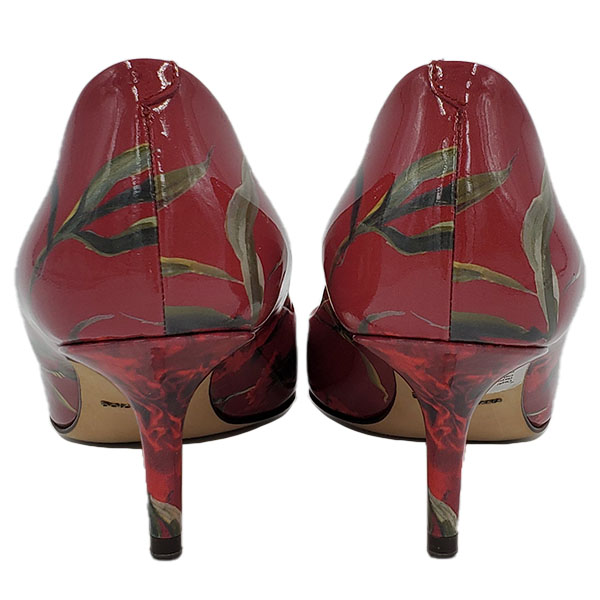 Back view of pre-owned Dolce & Gabbana Patent Leather Floral Pumps in red.