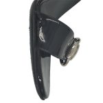 Close up front view of pre-owned Gucci Patent Leather Strappy Sandals in black, with adjustable buckle.
