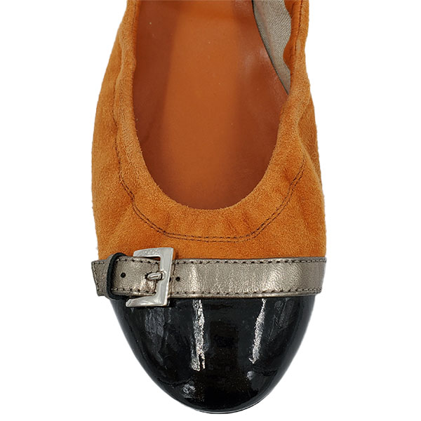 Top view of pre-owned Tod’s Suede Leather Flats in orange, with shiny black cap and metallic leather buckle in front.